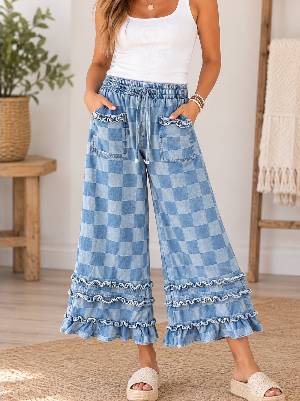 BiBi Light Blue Checkered Ruffle Wide-Leg Pants sz Sm NWT